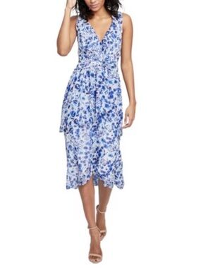 RACHEL Rachel Roy Blue & White Floral V-Neck Wrap Midi Dress